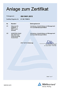 Wascosa ISO 9001:2015 Zertifikat